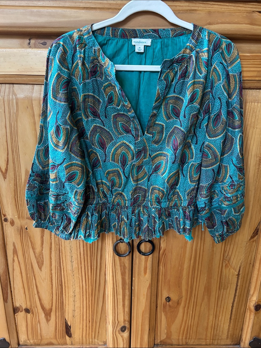 Sundance Top Teal Multicolor Peacock Print Peasant Smocked Blouse